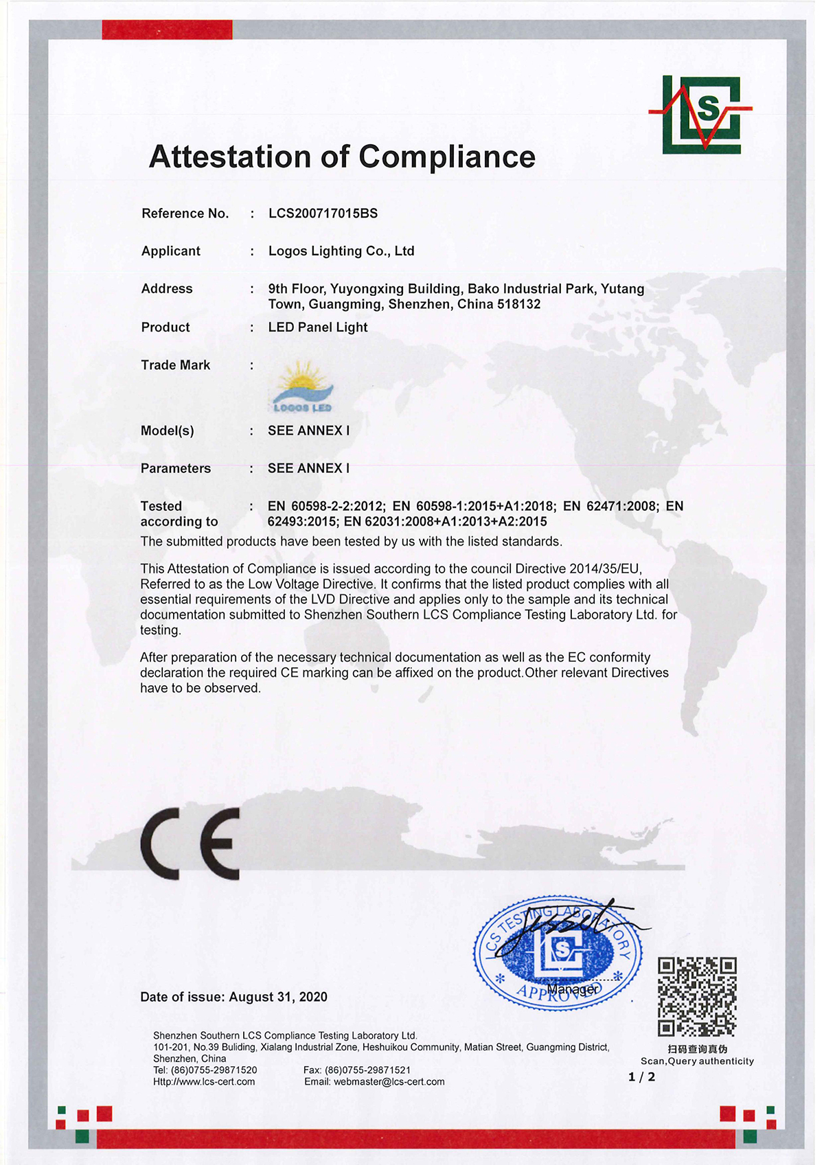 LogosLED CE-LVD Cert for LED Panel Light