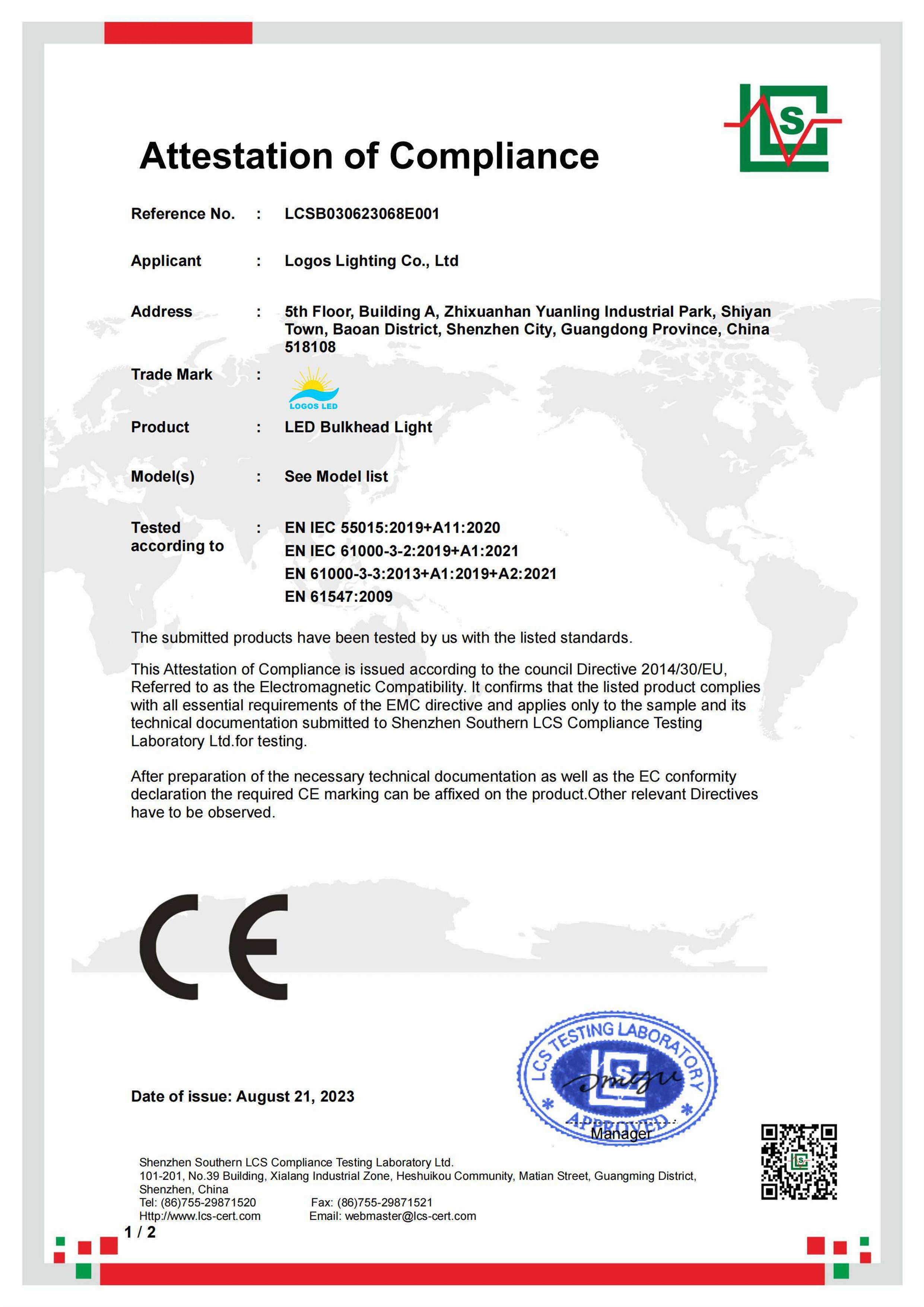 LogosLED CE-EMC Cert for LED Bulkhead Light