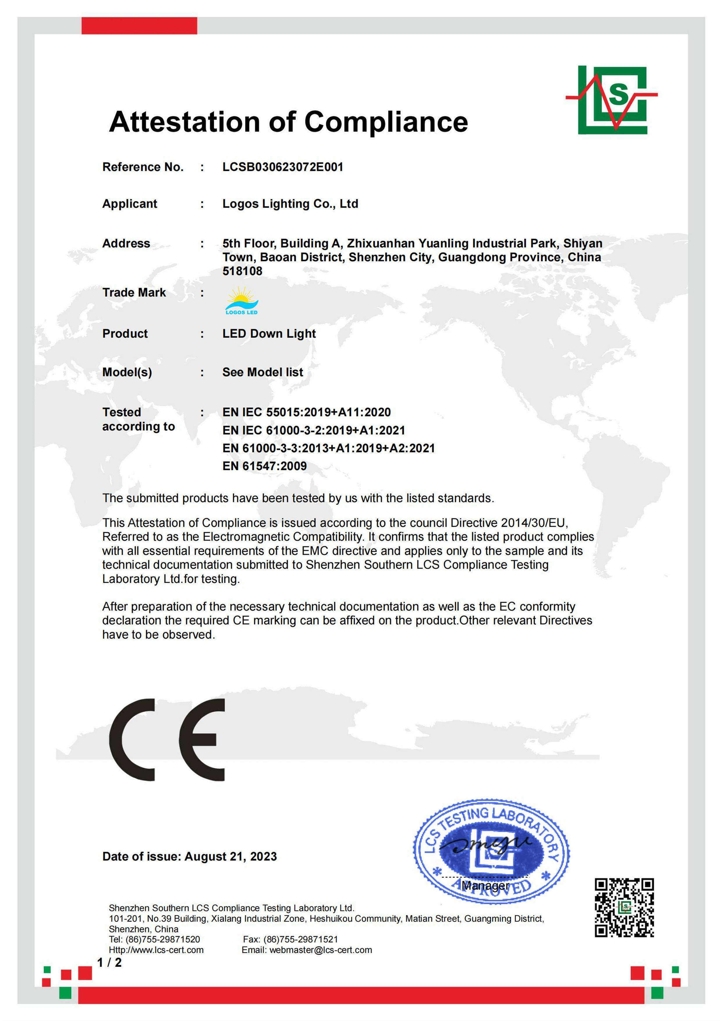 LogosLED CE-EMC Cert for LED Down Light