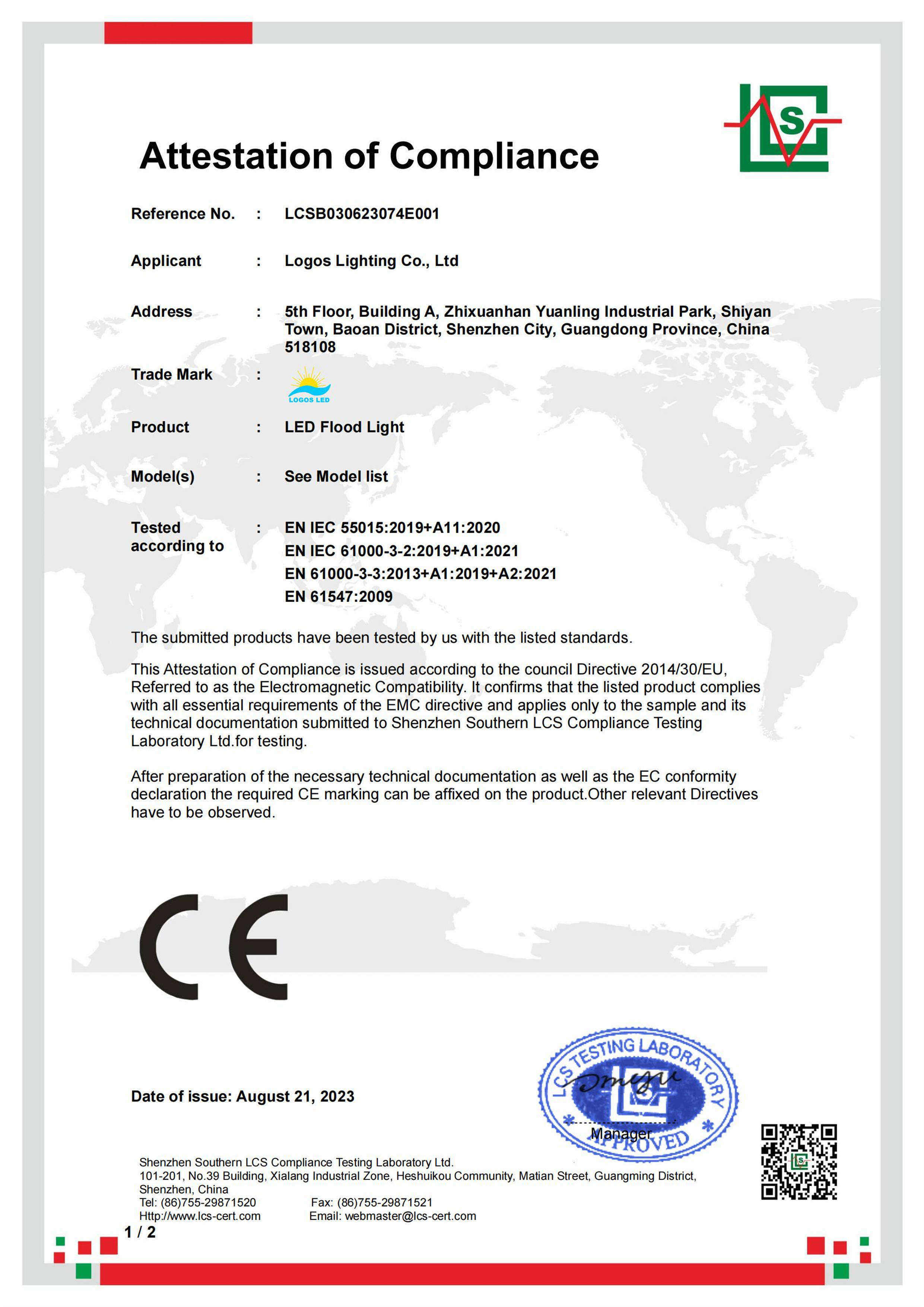 LogosLED CE-EMC Cert for LED Flood Light