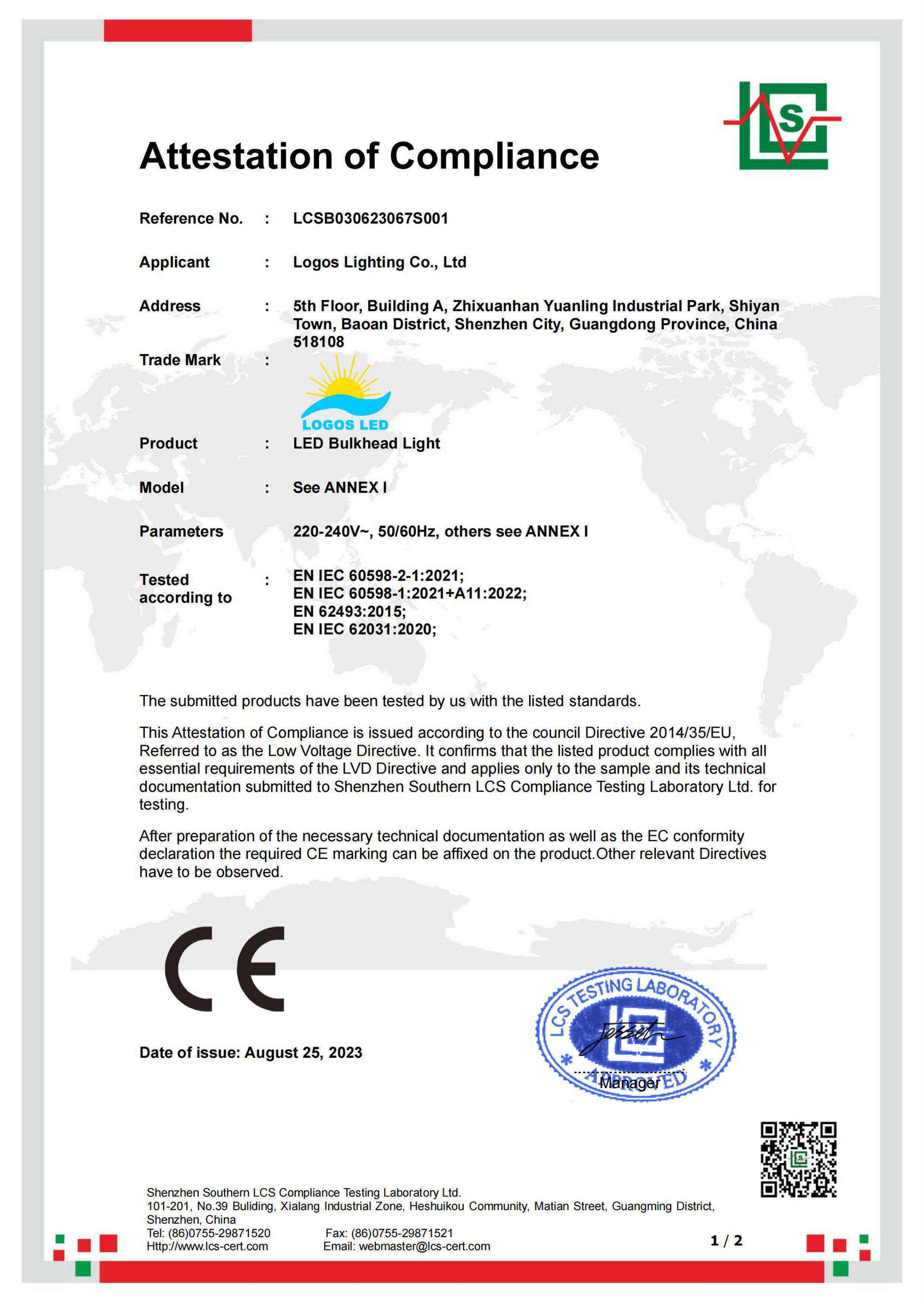 LogosLED CE-LVD Cert for LED Bulkhead Light