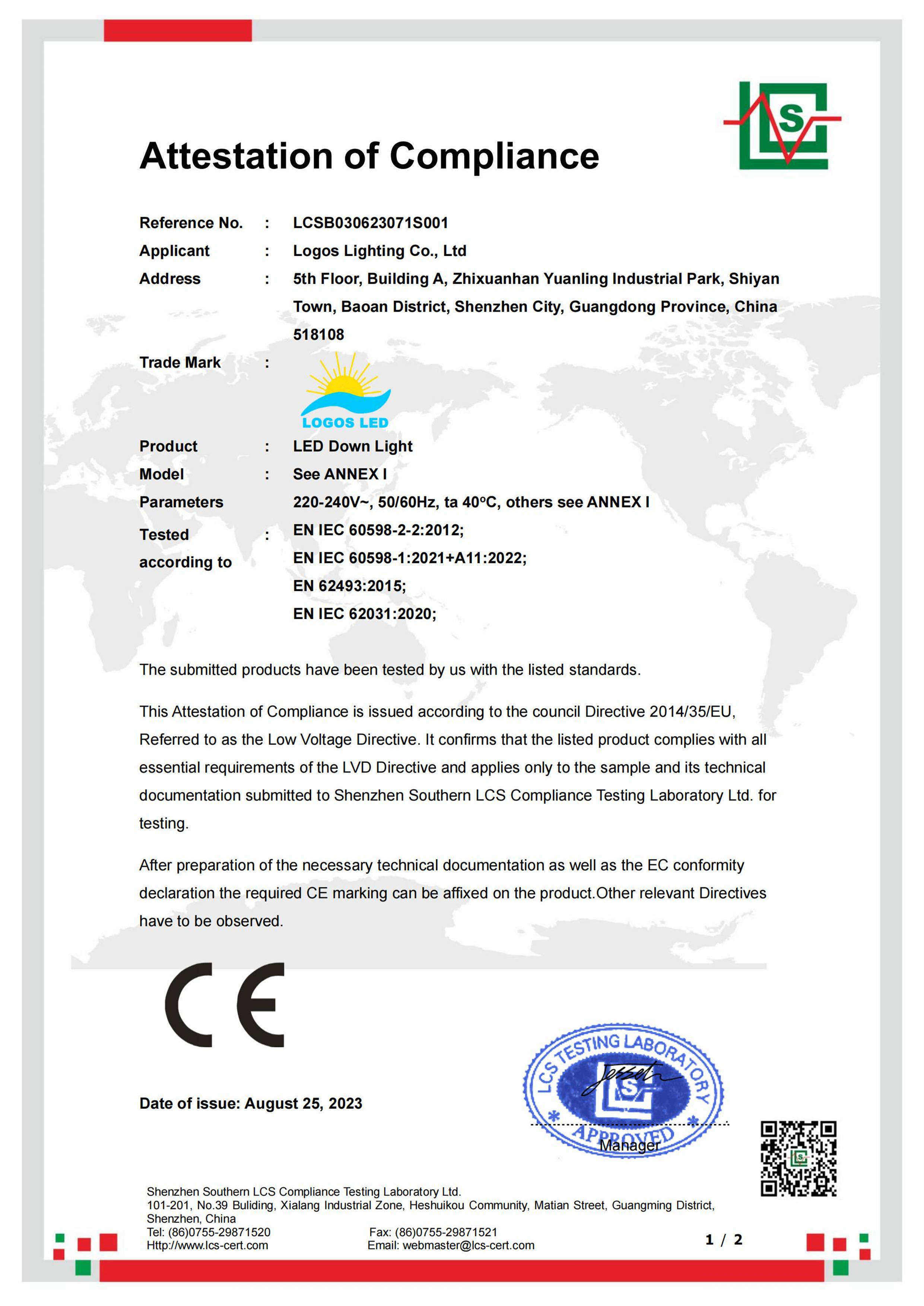 LogosLED CE-LVD Cert for LED Down Light