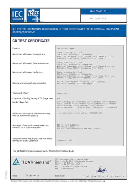 LogosLED CB Cert for LED Street Light LogosLED CB Cert for LED Street Light