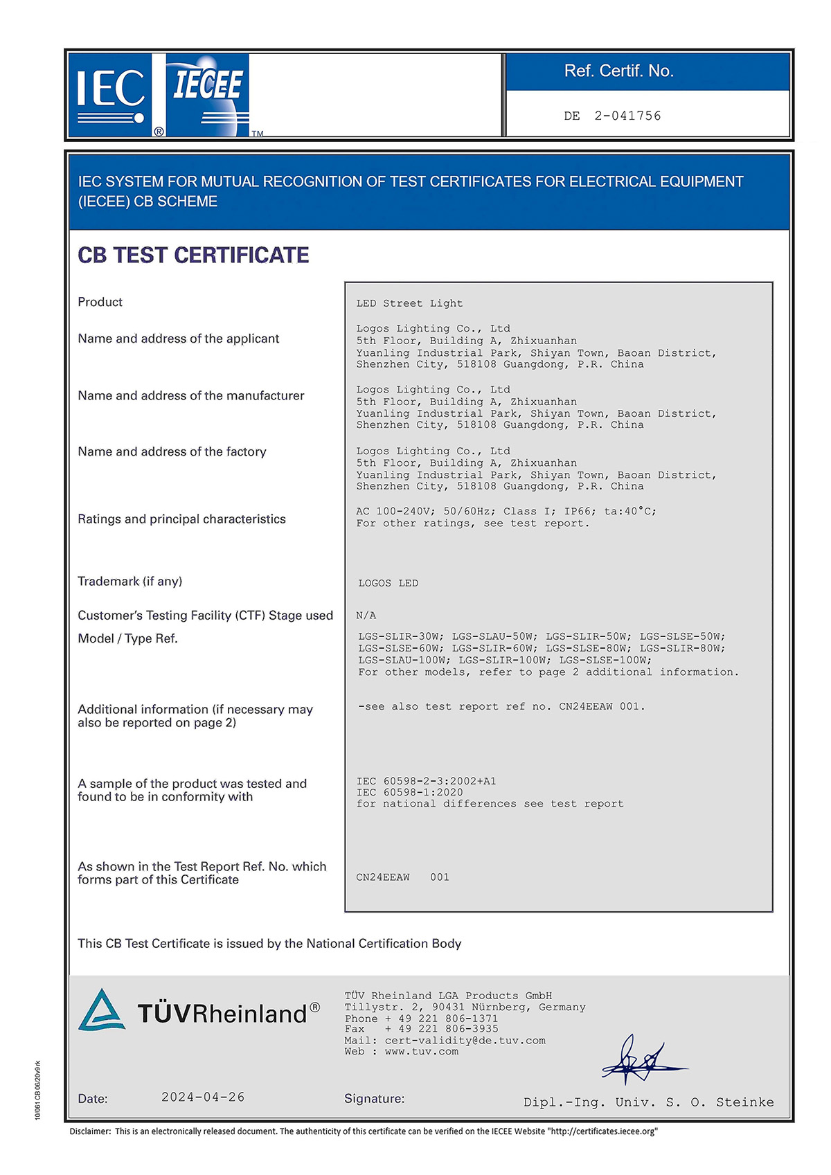 LogosLED CB Cert for LED Street Light