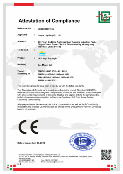 LogosLED CE-EMC Cert for LED High Bay Light_New