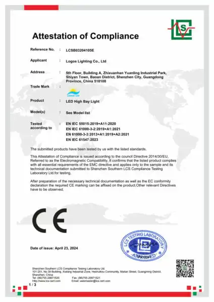 LogosLED CE-EMC Cert for LED High Bay Light_New LogosLED CE-EMC Cert for LED High Bay Light_New