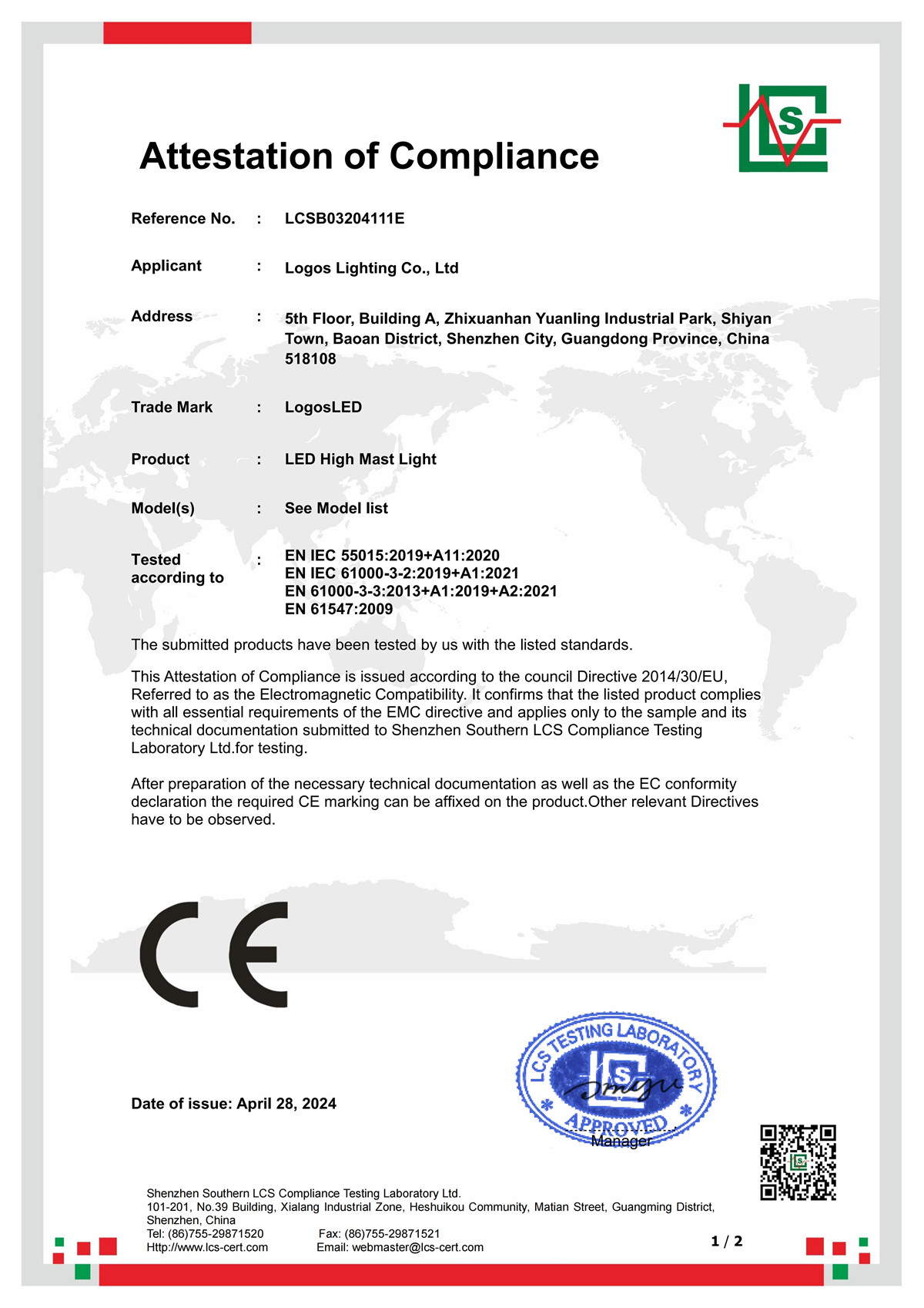 LogosLED CE-EMC Cert for LED High Mast Light New