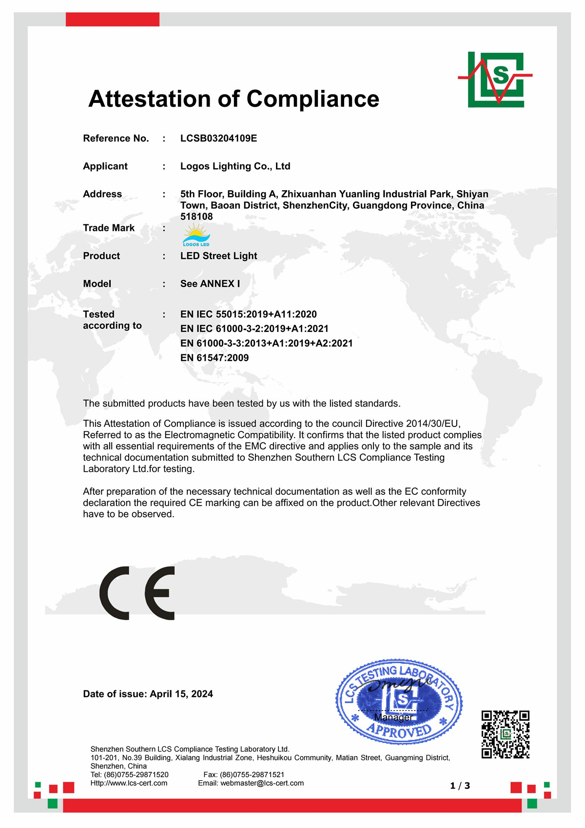 LogosLED CE-EMC Cert for LED Street Light