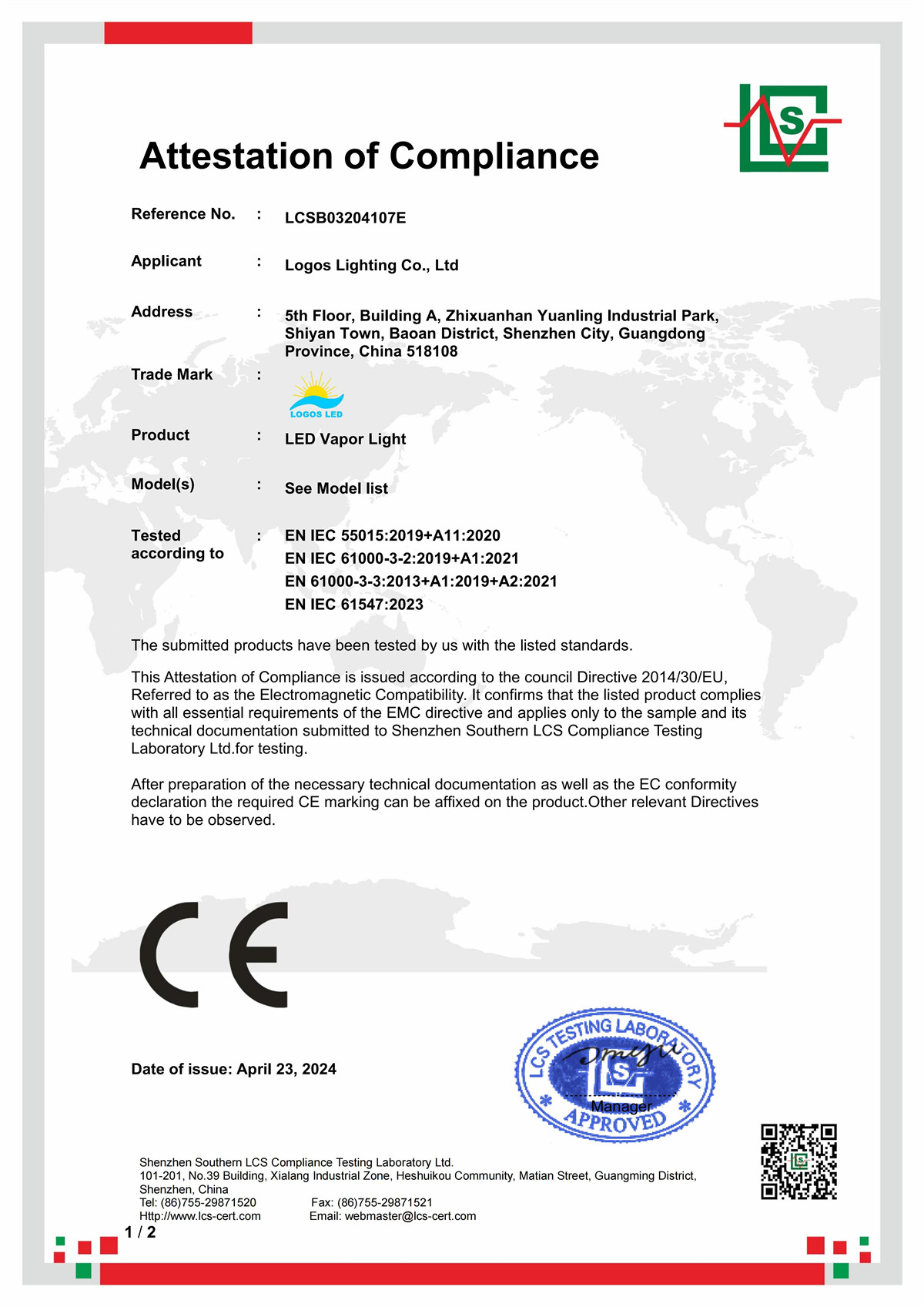 LogosLED CE-EMC Cert for LED Vapor Light