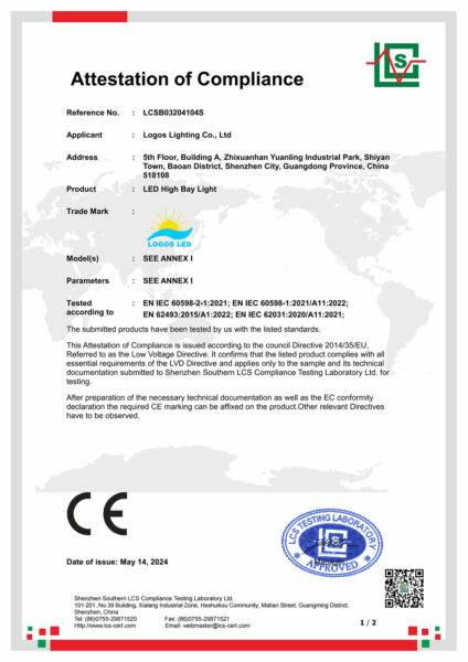 LogosLED CE-LVD Cert for LED High Bay Light_New