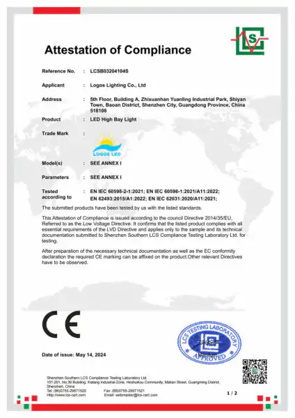 LogosLED CE-LVD Cert for LED High Bay Light_New