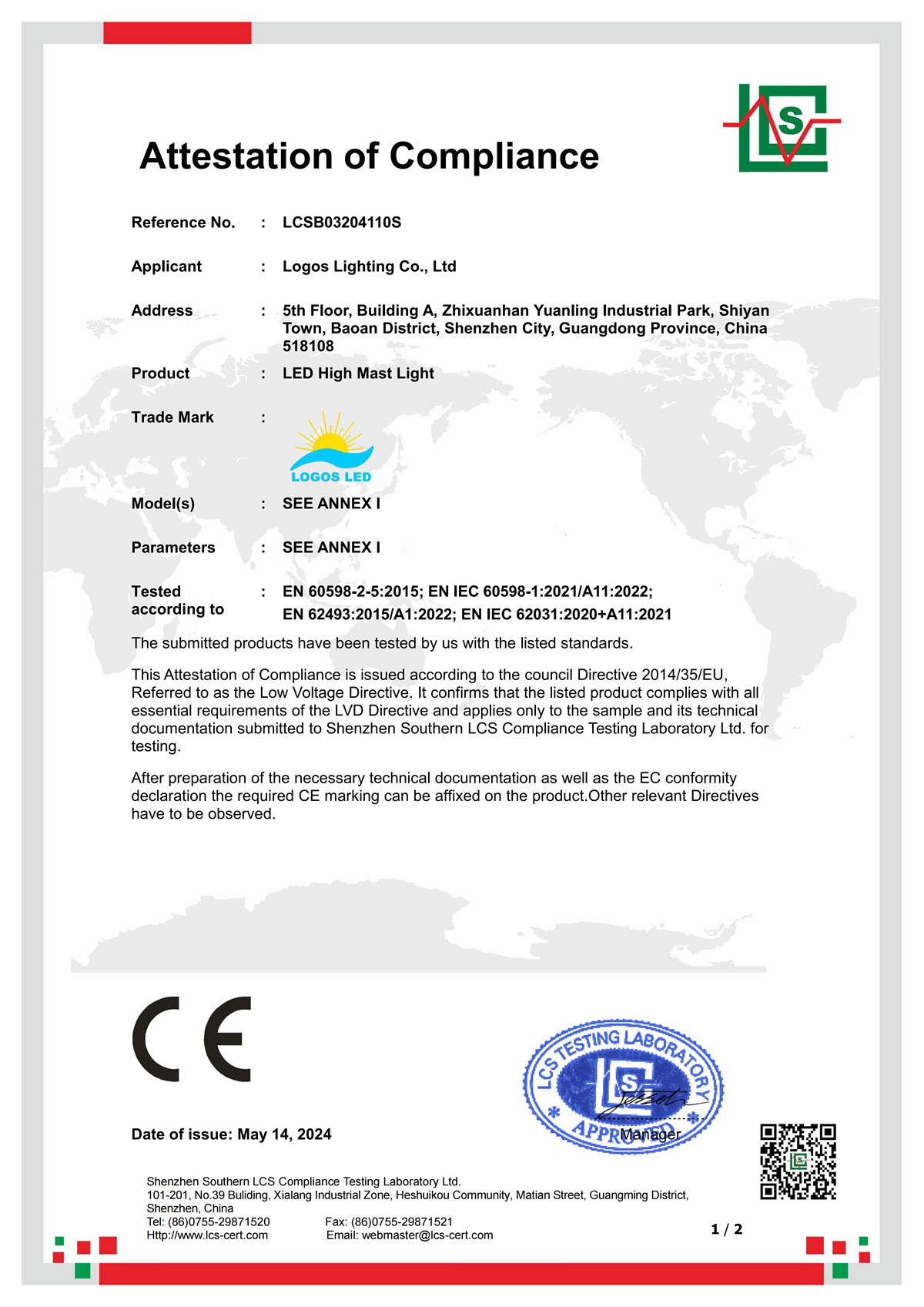 LogosLED CE-LVD Cert for LED High Mast Light New