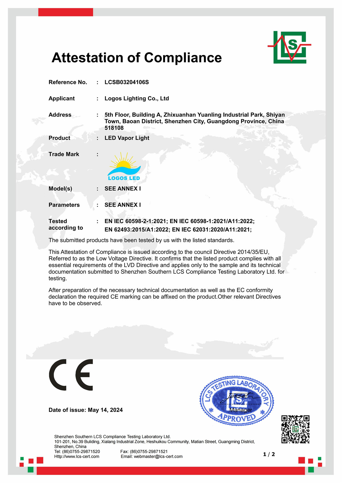 LogosLED CE-LVD Cert for LED Vapor Light