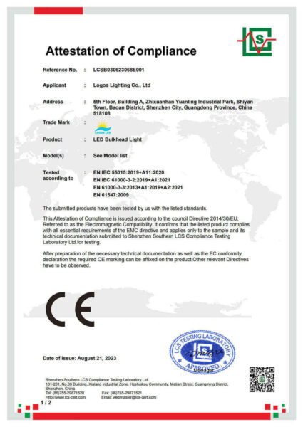 LogosLED CE-EMC Cert for LED Bulkhead Light