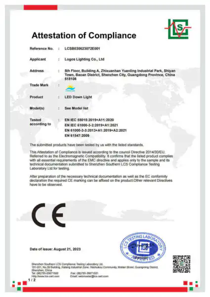 LogosLED CE-EMC Cert for LED Down Light LogosLED CE-EMC Cert for LED Down Light
