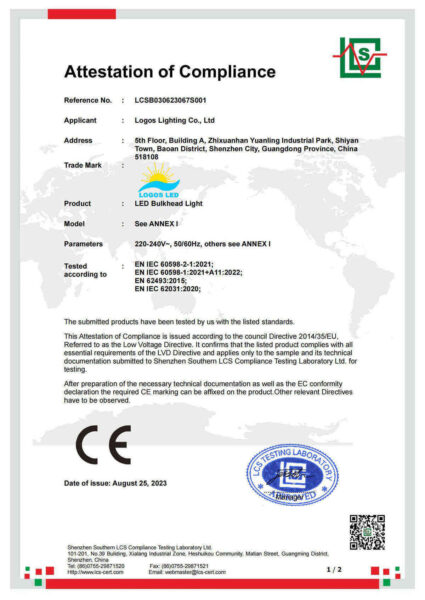 LogosLED CE-LVD Cert for LED Bulkhead Light