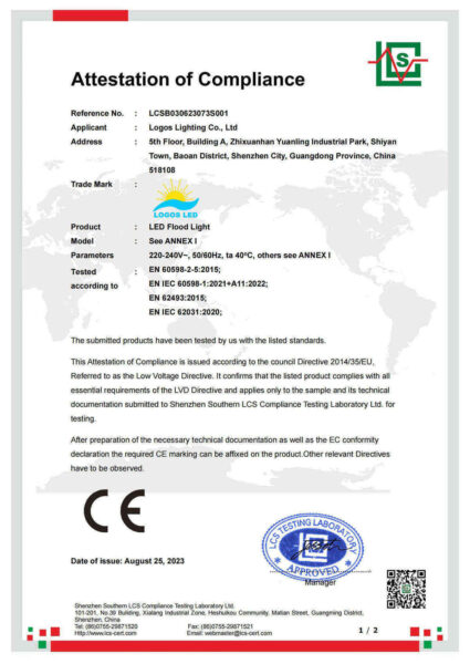 LogosLED CE-LVD Cert for LED Flood Light