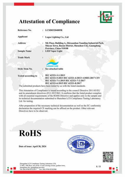 LogosLED RoHS Cert for LED Vapor Light