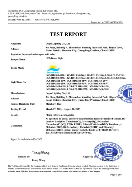 LogosLED RoHS Report for LED Down Light