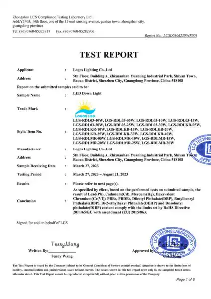 LogosLED RoHS Report for LED Down Light LogosLED RoHS Report for LED Down Light