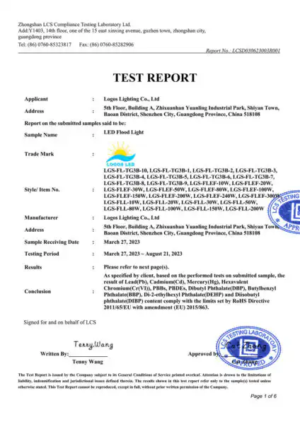 LogosLED RoHS Report for LED Flood Light
