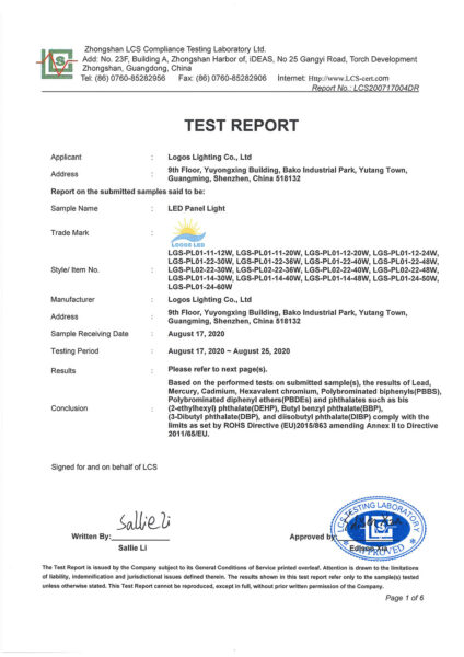 LogosLED RoHS Report for LED Panel Light