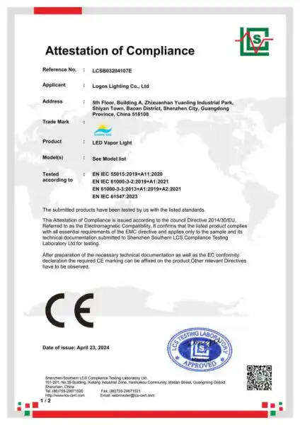 LogosLED CE-EMC Cert for LED Vapor Light LogosLED CE-EMC Cert for LED Vapor Light