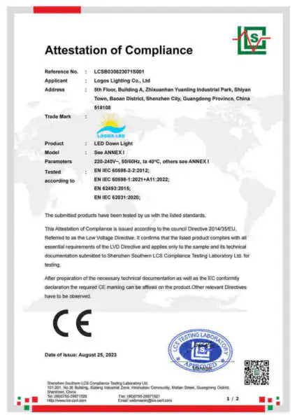 LogosLED CE-LVD Cert for LED Down Light LogosLED CE-LVD Cert for LED Down Light