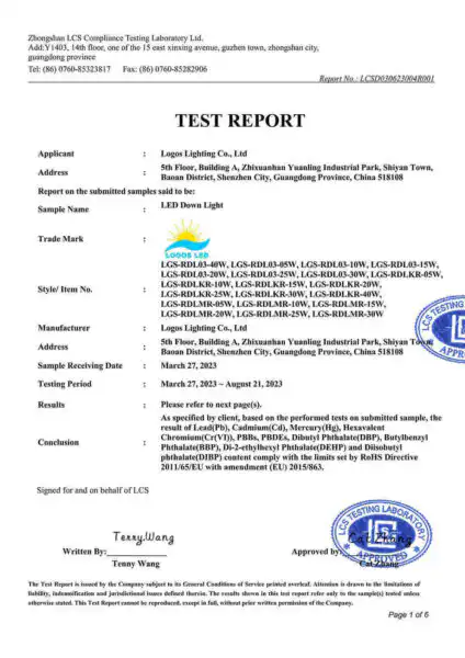 LogosLED RoHS Report for LED Down Light LogosLED RoHS Report for LED Down Light