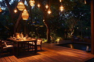 luxurious outdoor dining area illuminated by bespoke lighting