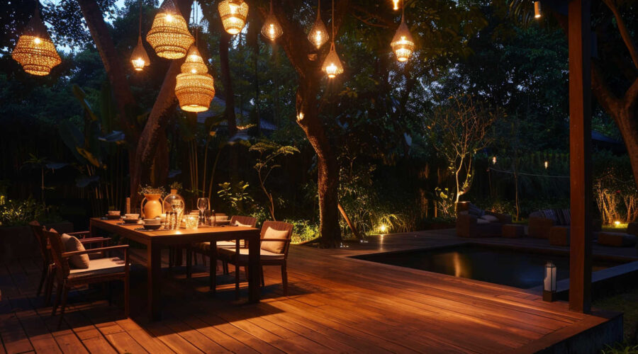 luxurious outdoor dining area illuminated by bespoke lighting