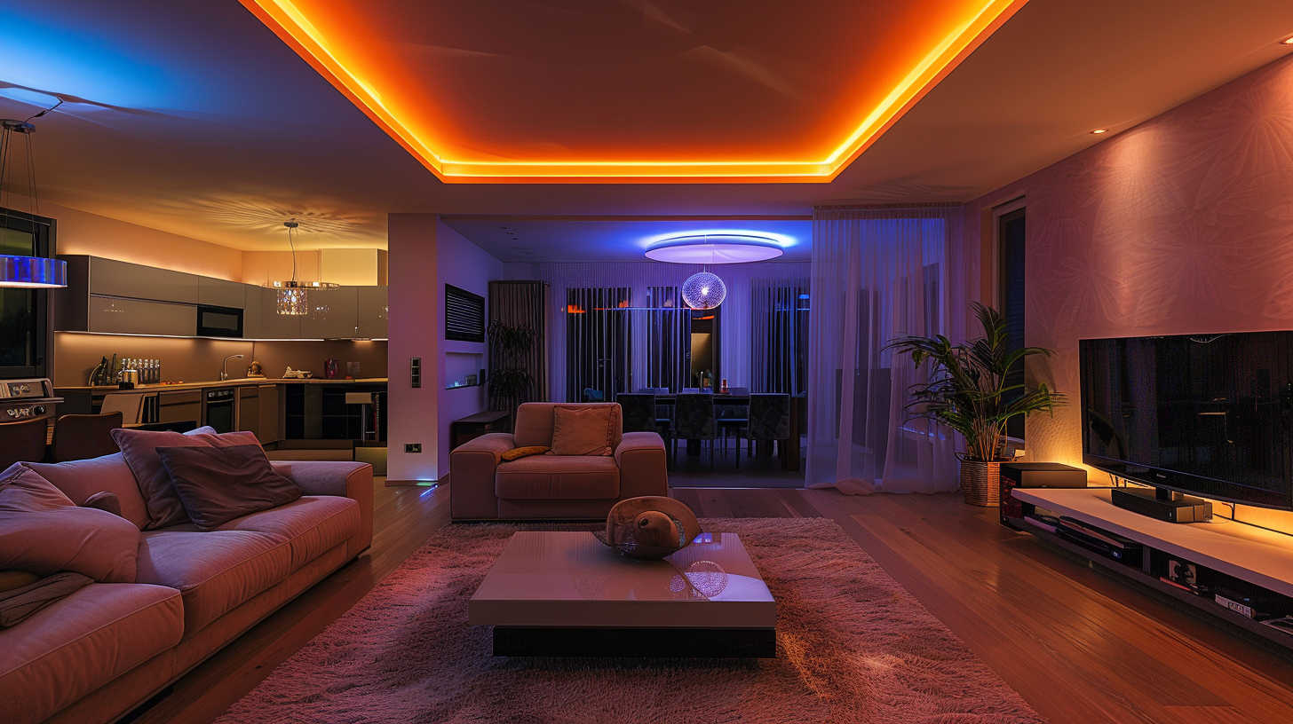 modern living room illuminated by customized LED lights