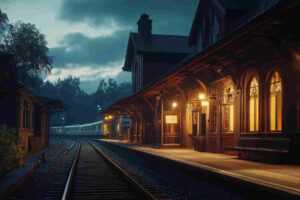 An_old_railway_station_at_dusk_transformed_by_amber led lights