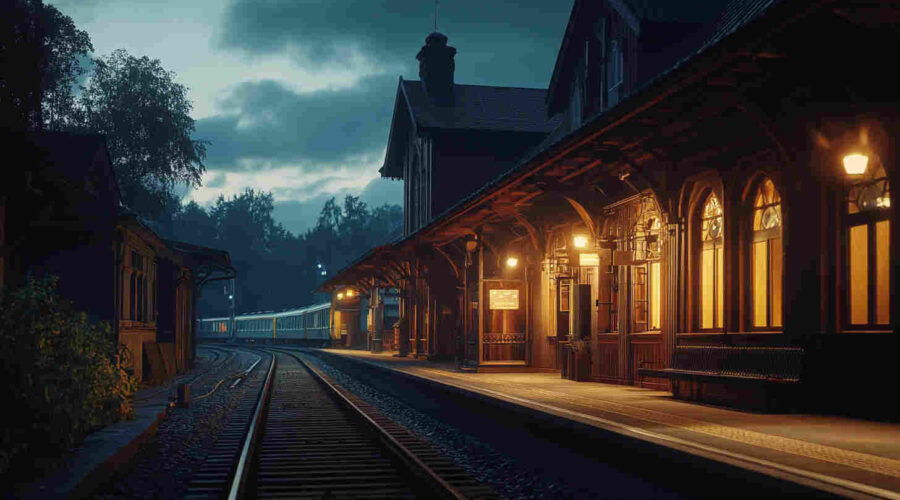 An_old_railway_station_at_dusk_transformed_by_amber led lights