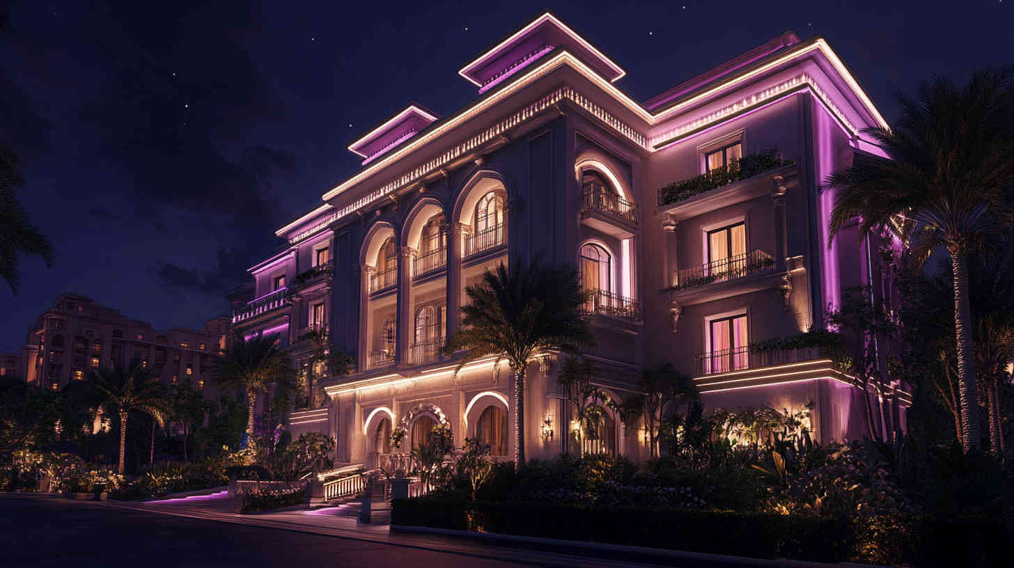 An_elegant_architectural_building_at_night_adorned with RGB Lighting