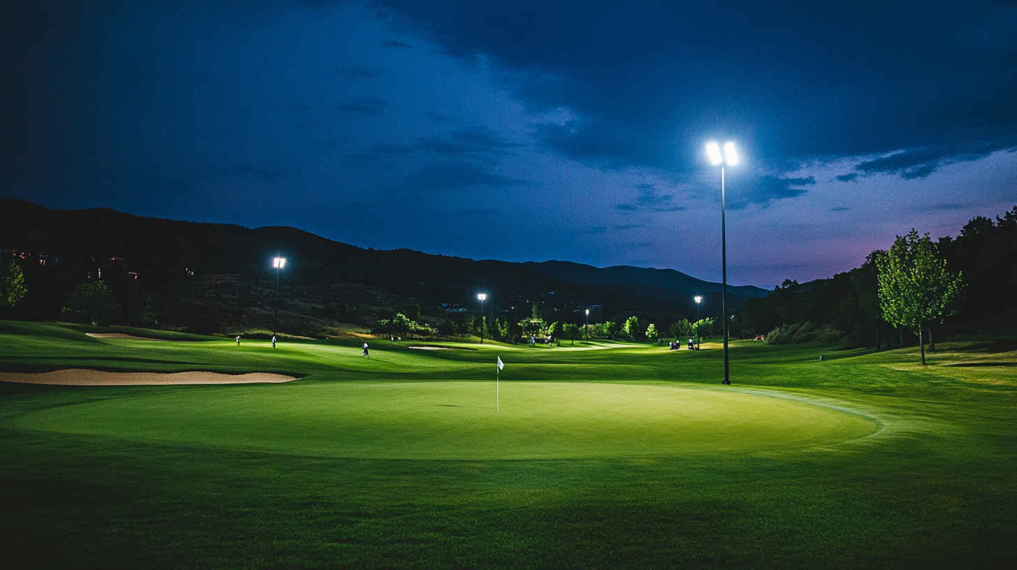 Side_view_of_LED_high_mast_lighting_installed_on_outside_golf course