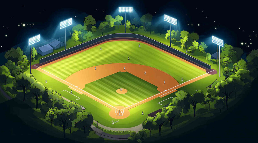 A_diagram-style_illustration_of_baseball_field_lighting_with_LED_High_mast_light