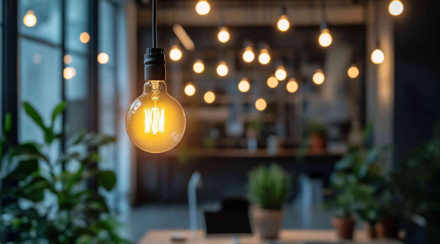 A_modern_office_setting_with_bright_LED_lights_bulb