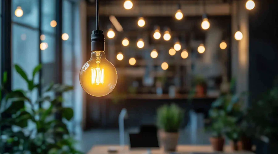 A_modern_office_setting_with_bright_LED_lights_bulb