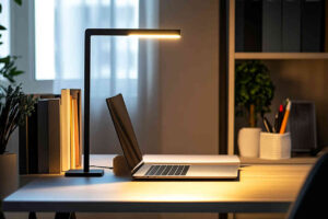 A_modern_study_desk_illuminated_by_a_sleek_LED_desk_lamp