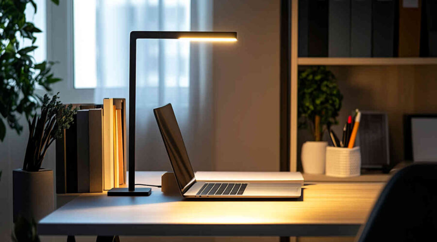 A_modern_study_desk_illuminated_by_a_sleek_LED_desk_lamp