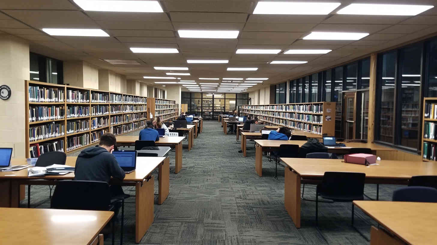 A_university_library_with_rows_of_study_tables_with_LED_panel_lights