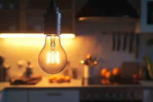 An_illuminated_energy-efficient_LED_light_bulb_in_a_kitchen