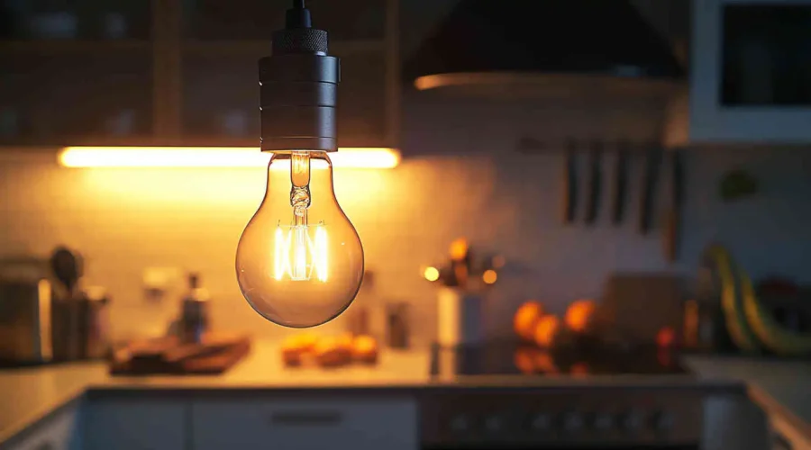 An_illuminated_energy-efficient_LED_light_bulb_in_a_kitchen