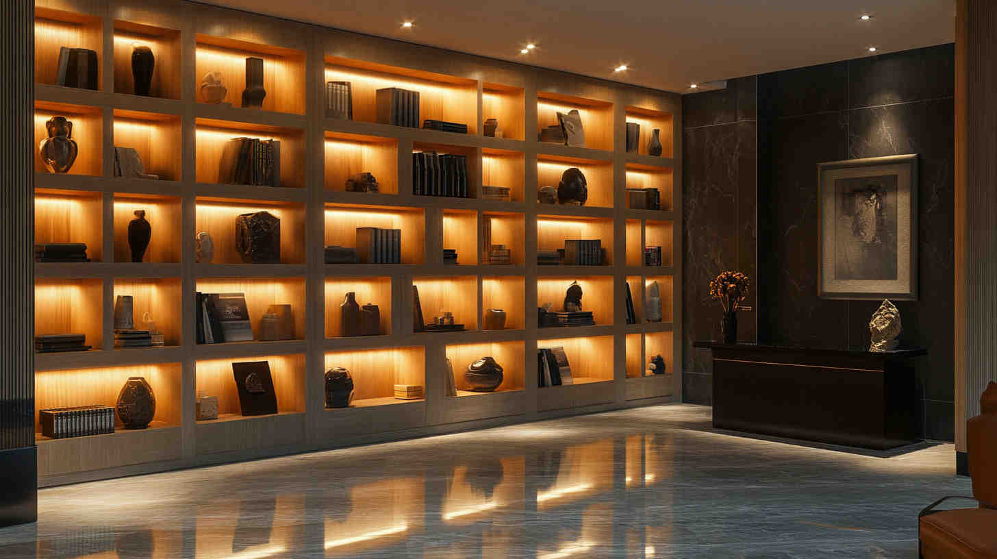 A_luxury_hotel_lobby_featuring_large_decorative_shelf