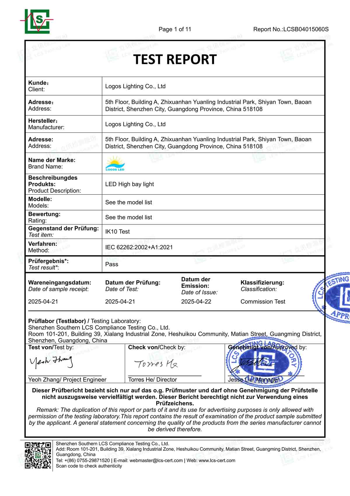 LogosLED IK10 Report for LED High Bay Light