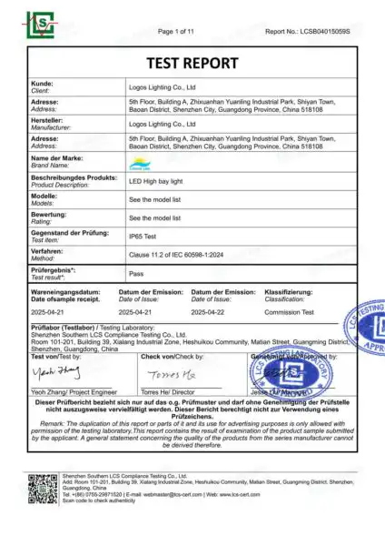 LogosLED IP65 Report for LED High Bay Light