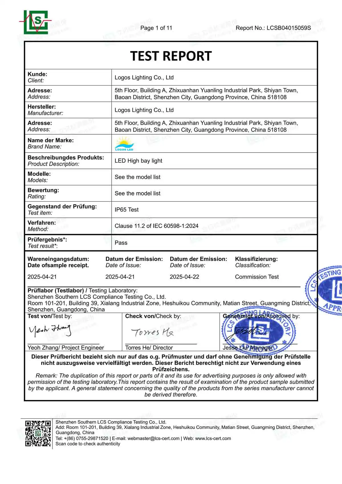 LogosLED IP65 Report for LED High Bay Light