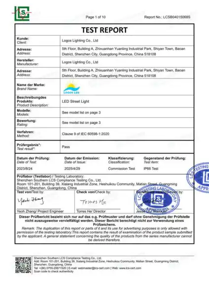LogosLED IP66 Report for LED Street Light LogosLED IP66 Report for LED Street Light