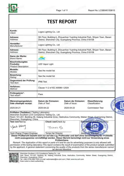 LogosLED IP66 Report for LED Vapor Light LogosLED IP66 Report for LED Vapor Light